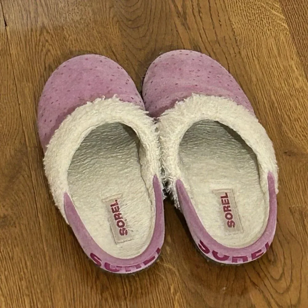 SOREL Nakiska Youth Girls Faux Fur Slippers Size 5 Pink - Silver Animal Print